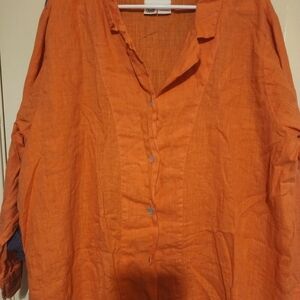 Flax Orange/coral, Long Sleeves button Front Linen Shirt (L) B: 52"